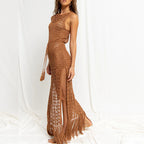 Lace-up Fringed Swimsuit Jacket Beach Long Skirt ACLOSY