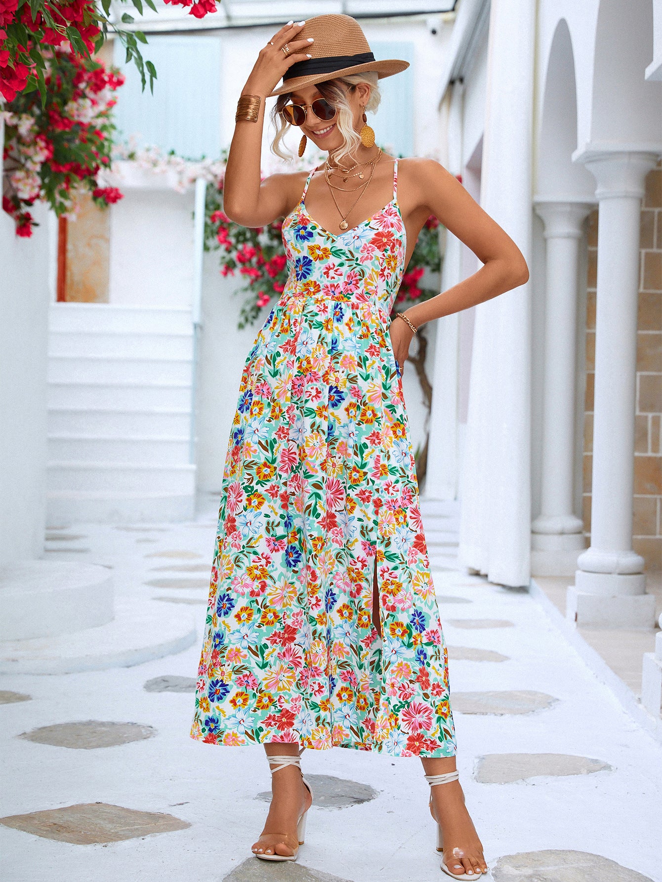 Floral Crisscross Backless Split Dress Trendsi