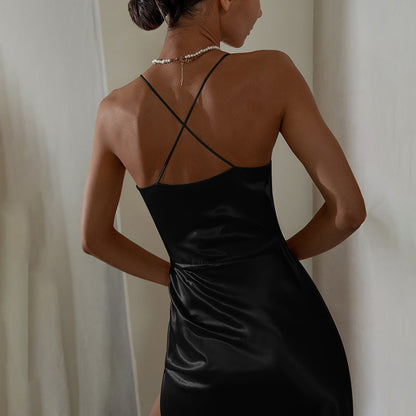 Satin V-neck Side Gathered Dress-Black aclosy