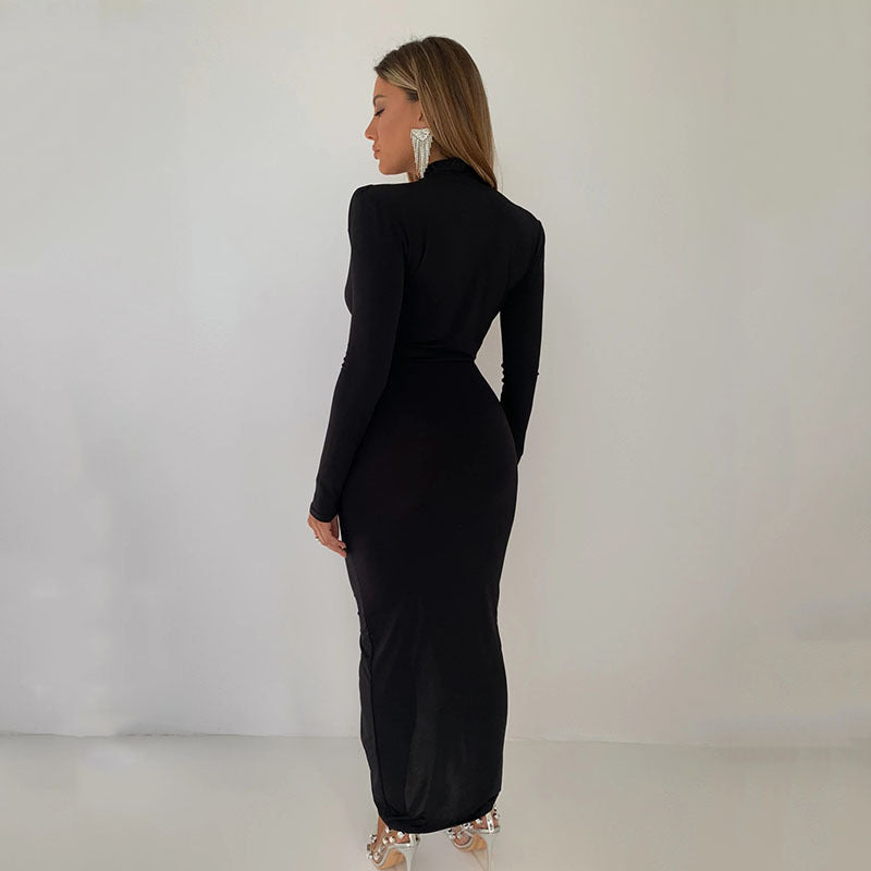 Irregular Long Skirt Long Sleeve Waist Pleated Dress aclosy