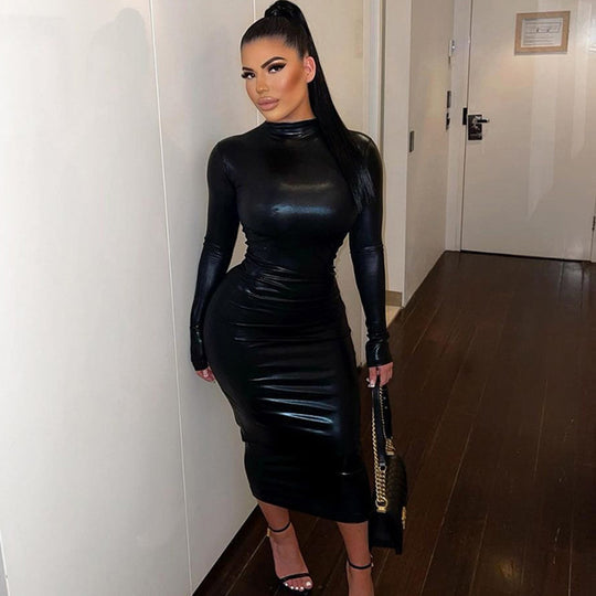 Leather Dark Solid Color Slim Dress aclosy