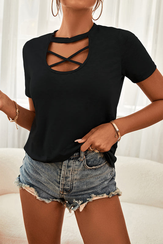 Crisscross Short Sleeve Tee Shirt Trendsi