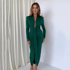 Irregular Long Skirt Long Sleeve Waist Pleated Dress aclosy