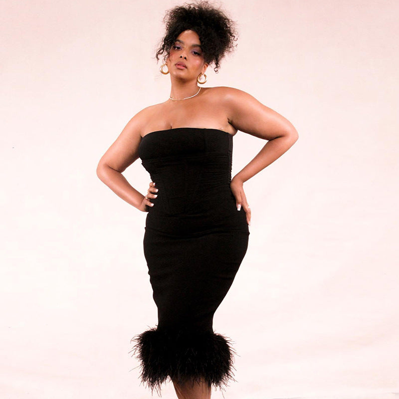 FUR BLACK STRAPLESS CORSET DRESS aclosy