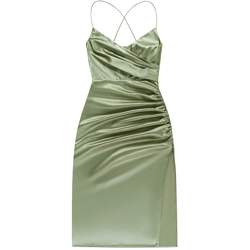 Satin V-neck Side Gathered Dress aclosy