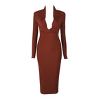Full Sleeve Bandage party Dress-Brown aclosy