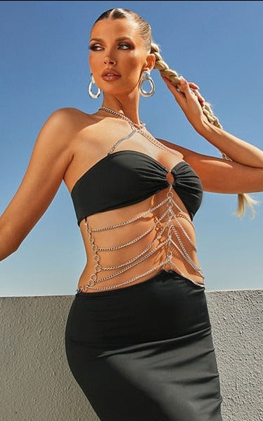 Fashion Personality Halter Neck Wrap Chest Cutout Dress aclosy