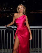 One-shoulder Pleated Split Sexy Satin Dress Elegant Slim-fit Solid Color aclosy