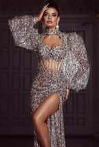 Bride Puff Sleeves Prom Dress-Silver aclosy