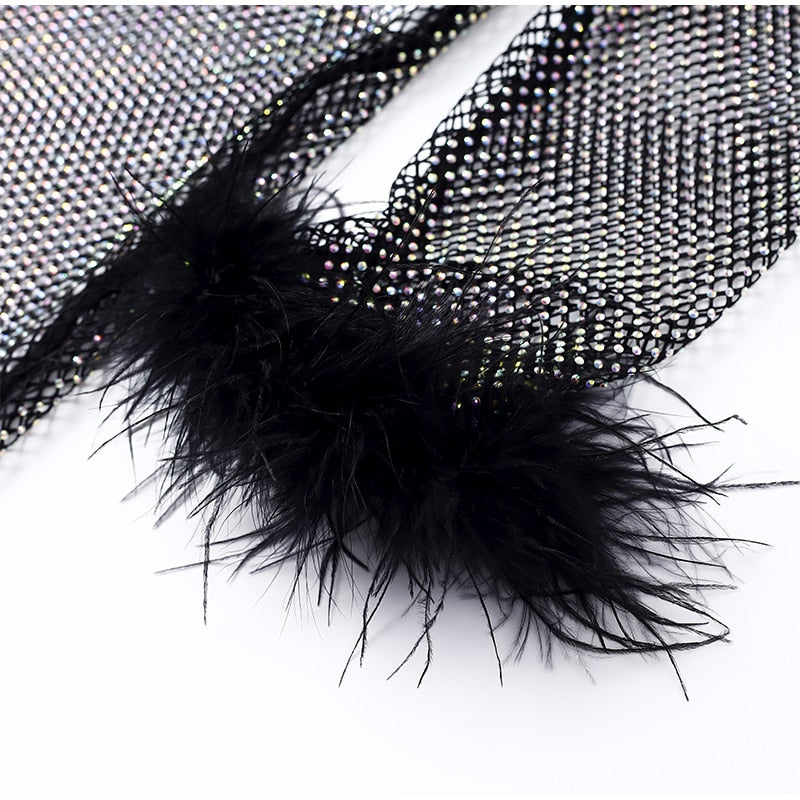 Mesh Feather Party Dress-Black aclosy