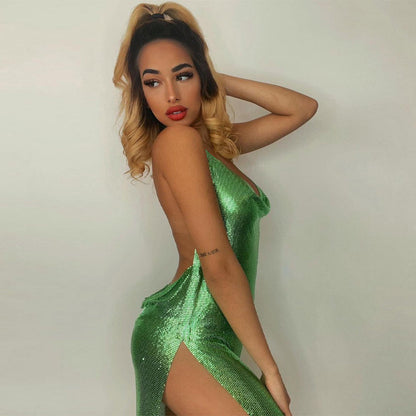 Backless Diamante Mesh Mini Party Dress - Green aclosy