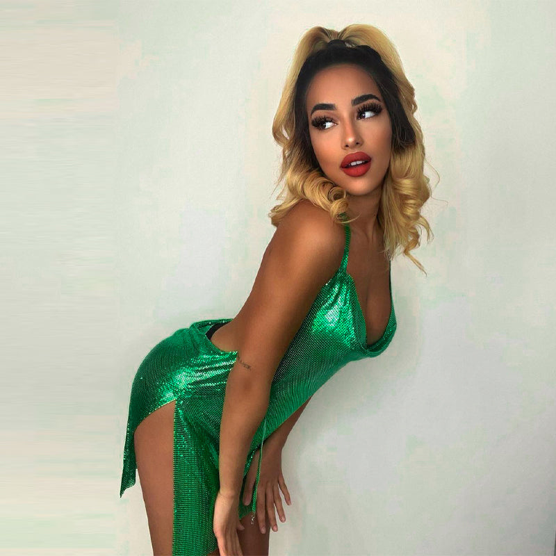 Backless Diamante Mesh Mini Party Dress - Green aclosy