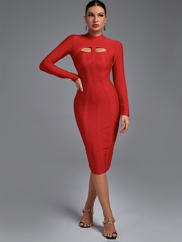 Cut-Out Long Sleeves Party Bandage Clubwear Midi Dress aclosy