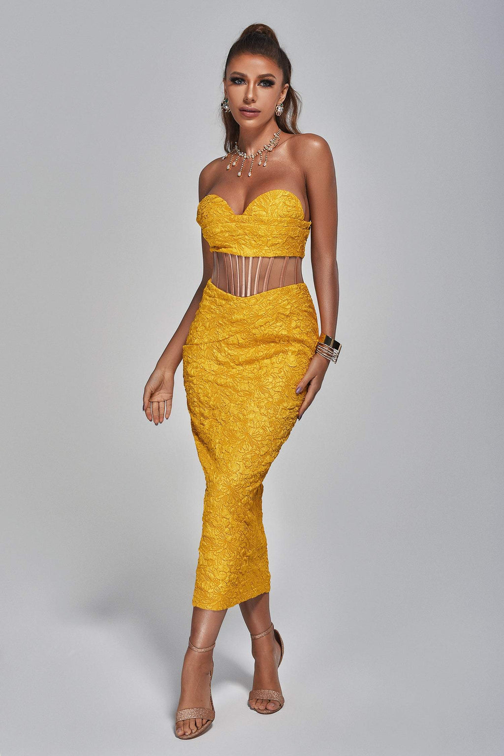 Textured Strapless Sweetheart Neck Slit Dress Trendsi