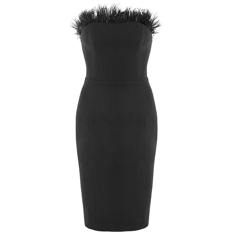 Chic Feather Midi Dress-Black Aclosy