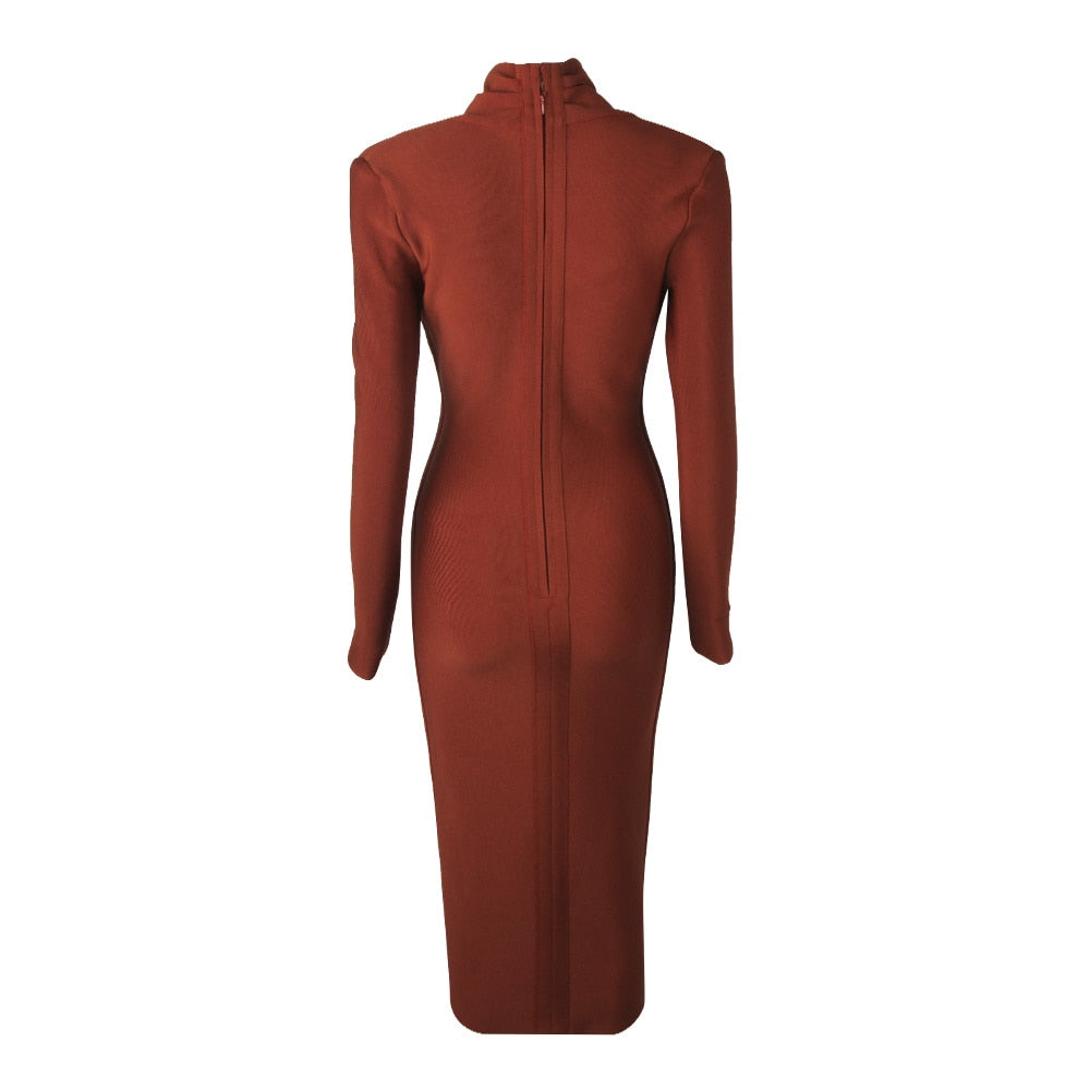 Full Sleeve Bandage party Dress-Brown aclosy