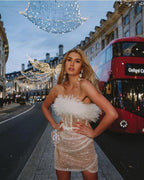 Cassey Corset Mini Feather Dress-Champagne aclosy