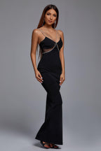 SPARKLY RHINESTONE SPAGHETTI STRAP MERMAID MAXI EVENING DRESS - BLACK Aclosy
