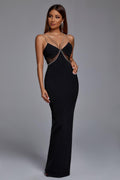 SPARKLY RHINESTONE SPAGHETTI STRAP MERMAID MAXI EVENING DRESS - BLACK Aclosy