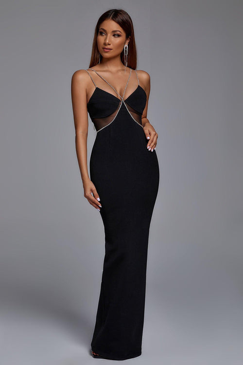 SPARKLY RHINESTONE SPAGHETTI STRAP MERMAID MAXI EVENING DRESS - BLACK Aclosy