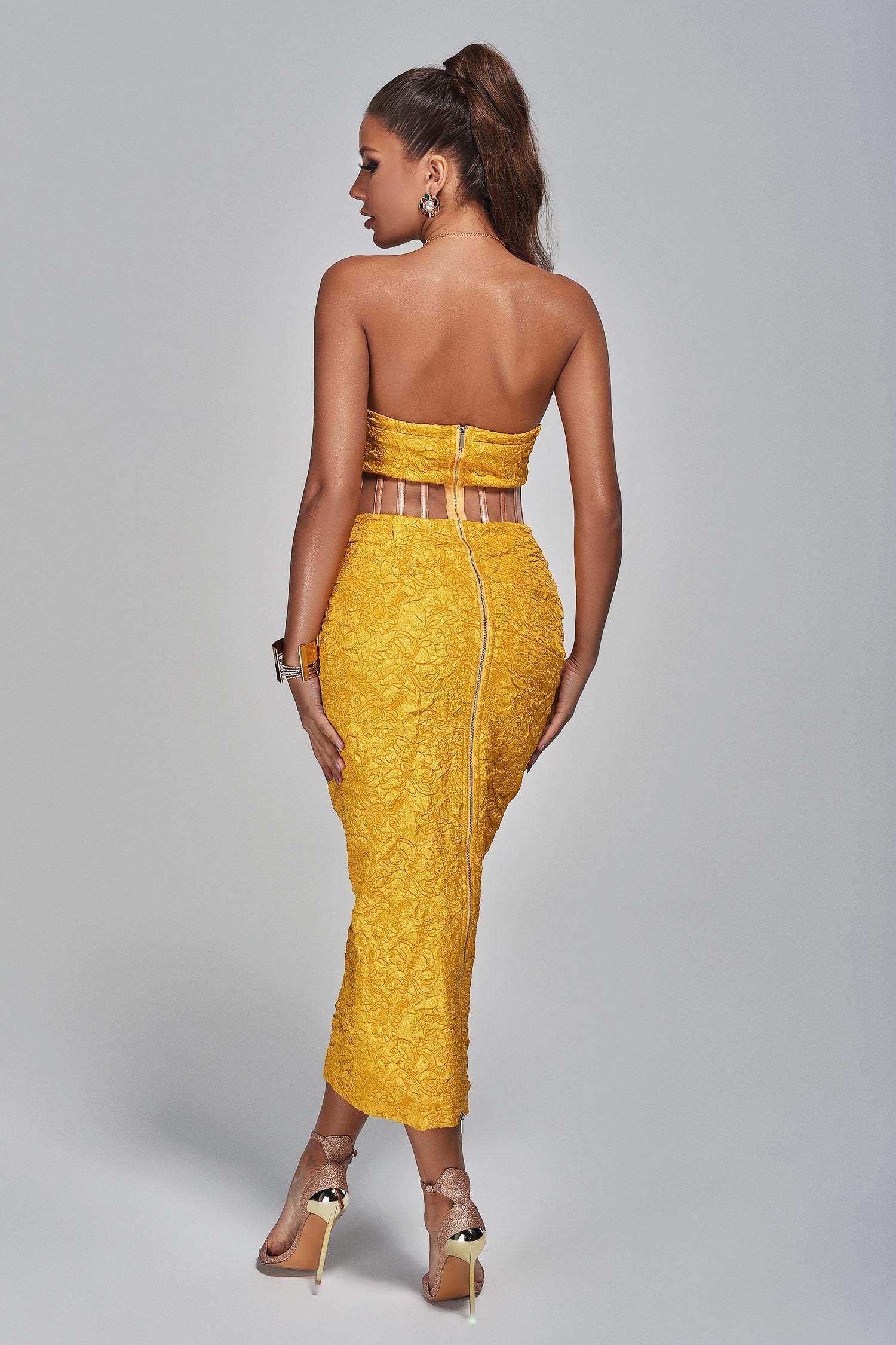 Textured Strapless Sweetheart Neck Slit Dress Trendsi