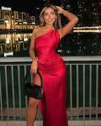 One-shoulder Pleated Split Sexy Satin Dress Elegant Slim-fit Solid Color aclosy