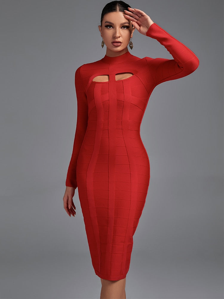 Cut-Out Long Sleeves Party Bandage Clubwear Midi Dress aclosy