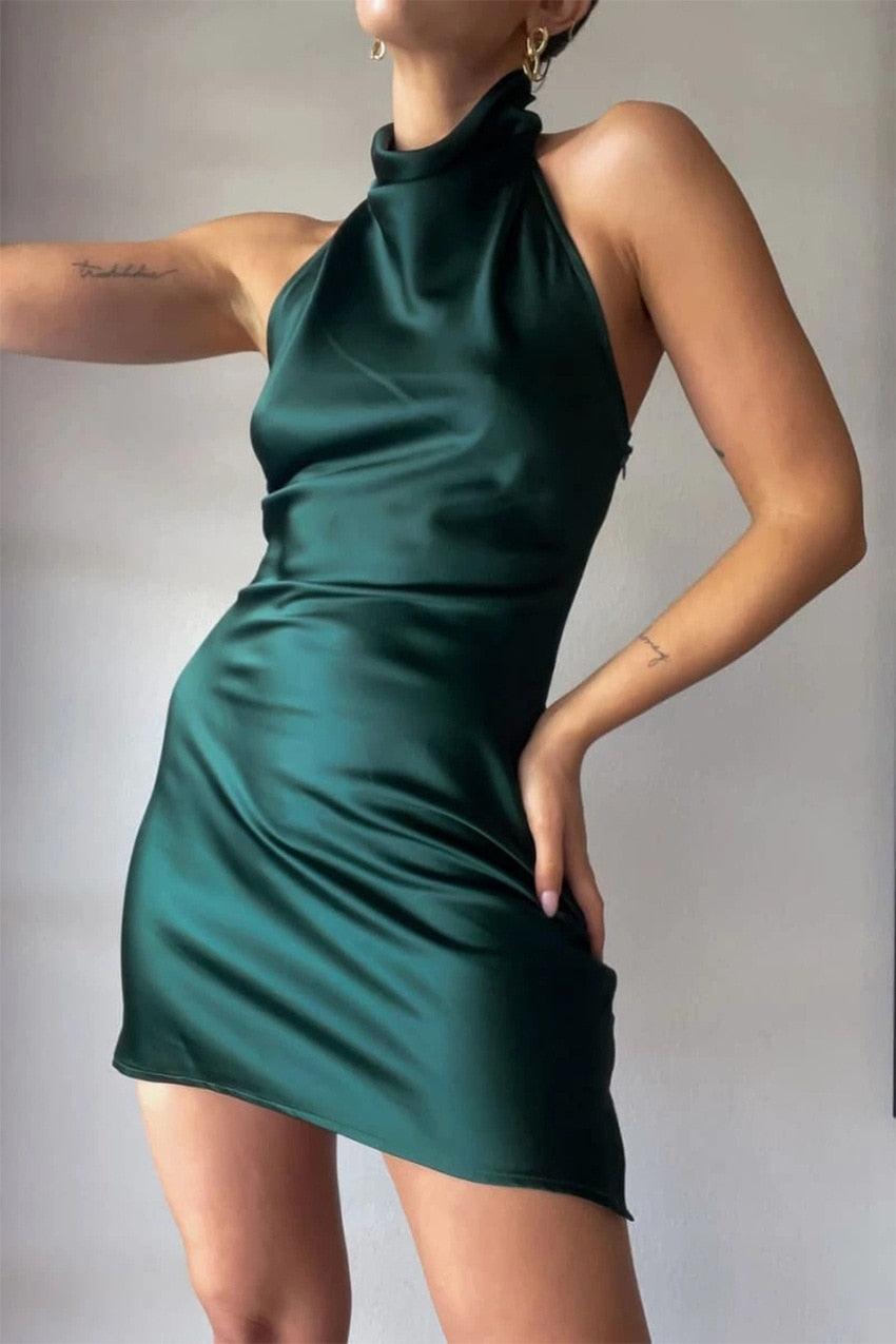 Satin Halter Sleeveless Dress-Green aclosy