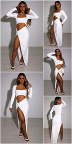 Hollow U-neck Split Long-sleeved Dress aclosy