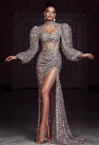 Bride Puff Sleeves Prom Dress-Silver aclosy
