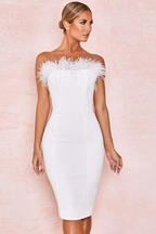 Chic Feather Midi Dress-White Aclosy