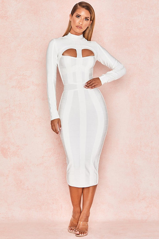 Cut-Out Long Sleeves Party Bandage Clubwear Midi Dress-White aclosy