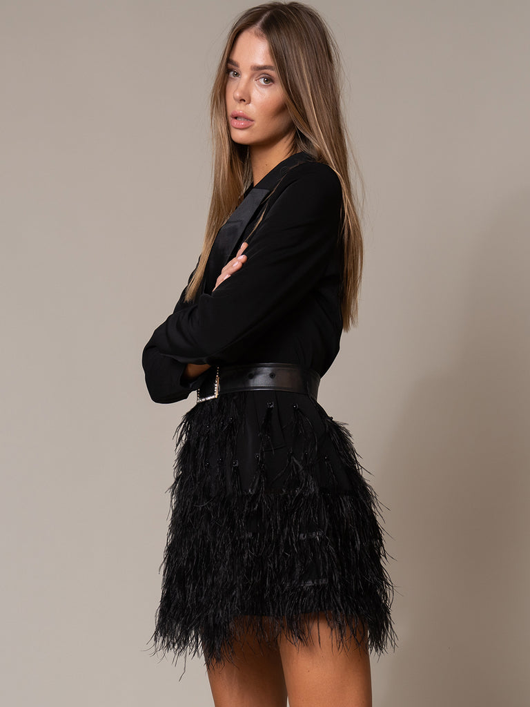 Suit Style Black Feather Trench Coat-Black aclosy
