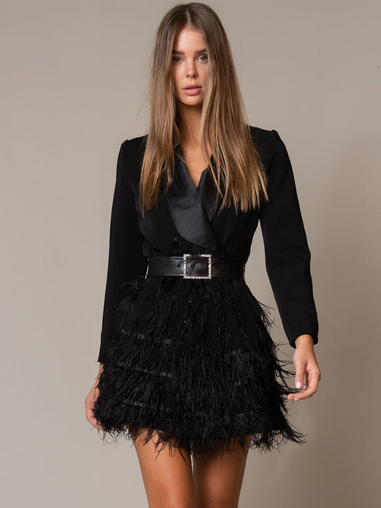 Suit Style Black Feather Trench Coat-Black aclosy