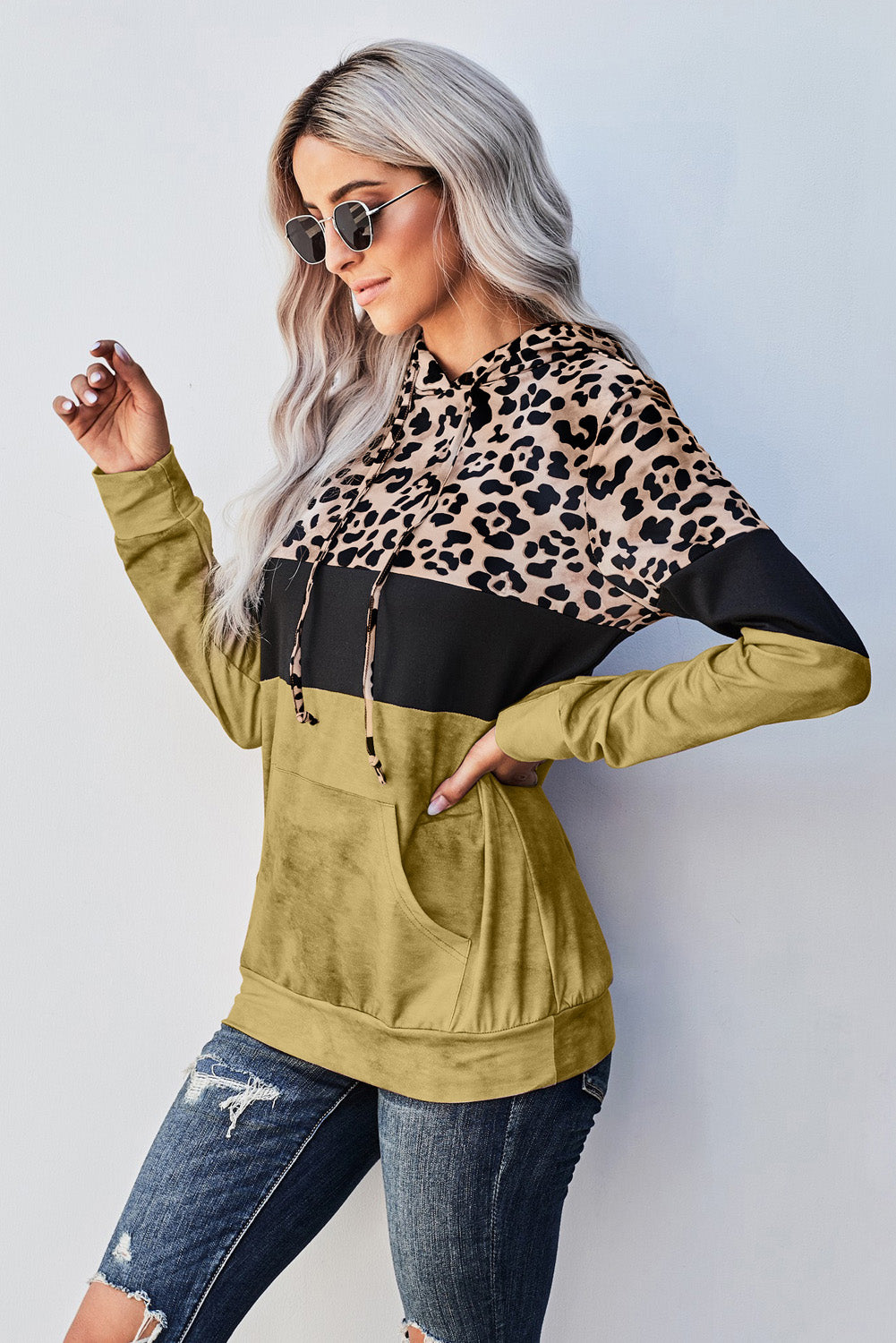 Leopard Color Block Hoodie Trendsi