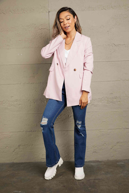 Double Take Double-Breasted Padded Shoulder Blazer with Pockets Trendsi