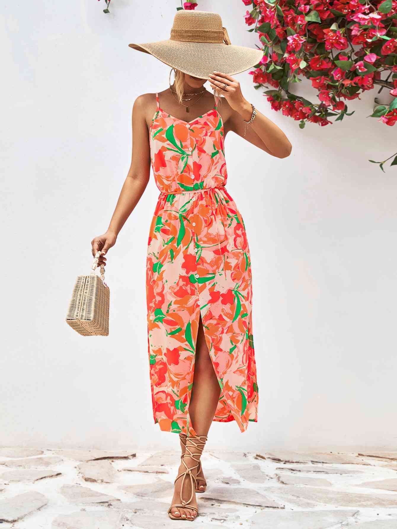 Printed Spaghetti Strap Front Slit Dress Trendsi