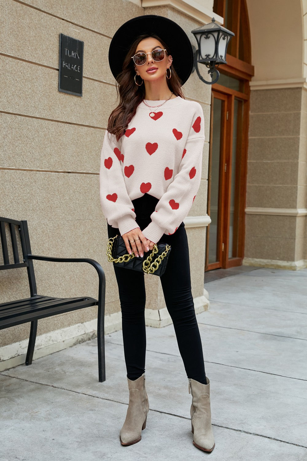 Heart Pattern Lantern Sleeve Round Neck Tunic Sweater Trendsi