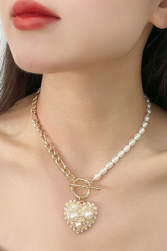 Heart Pendant Half Chain Half Pearl Necklace Trendsi