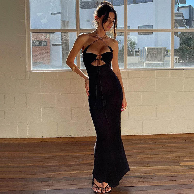 Lace-Up Halter Cutout Black Dress aclosy