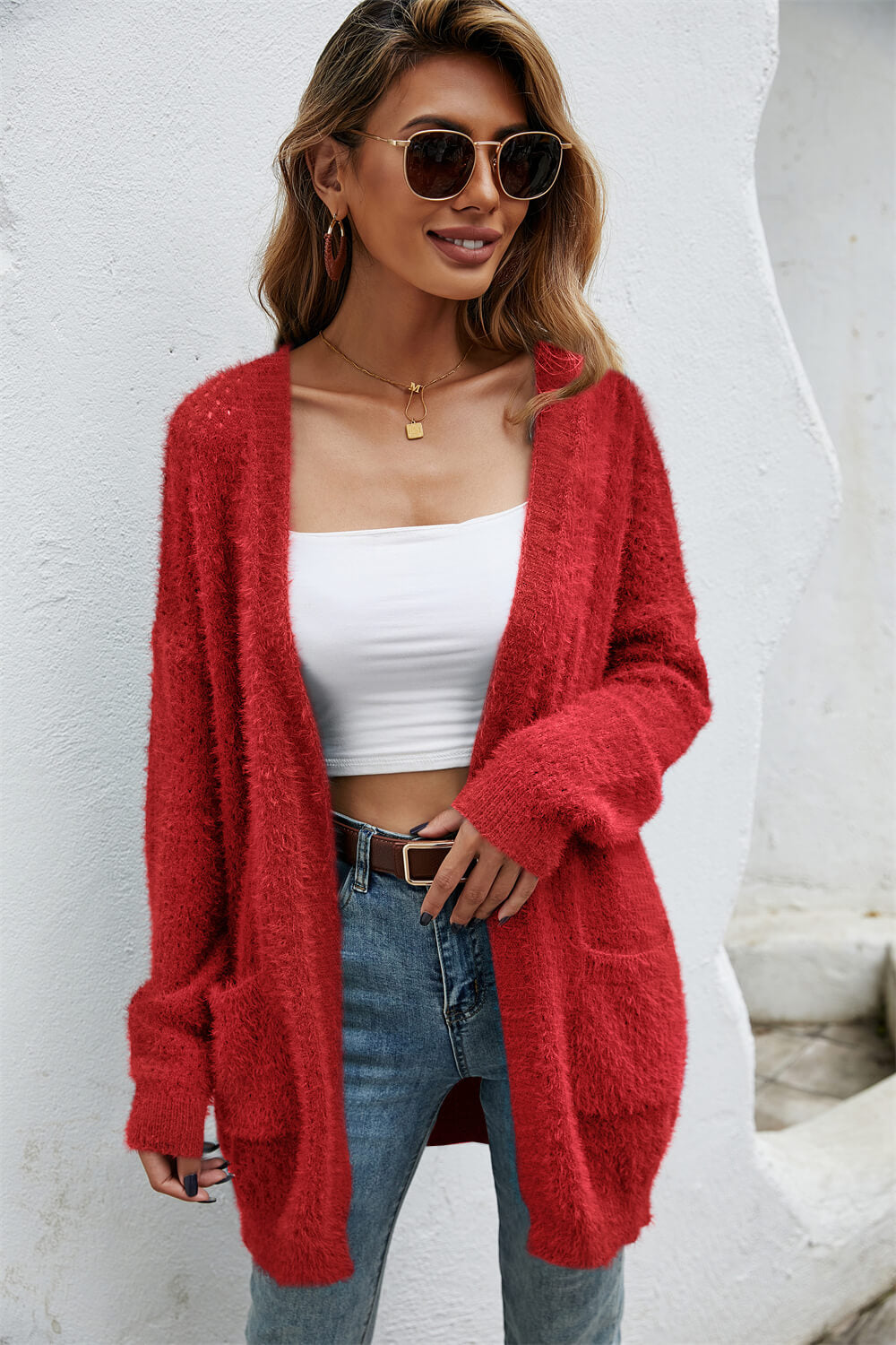 Open Front Openwork Fuzzy Cardigan with Pockets Trendsi