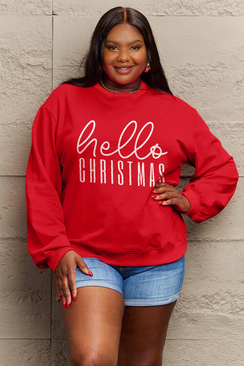 Simply Love Full Size HELLO CHRISTMAS Long Sleeve Sweatshirt Trendsi