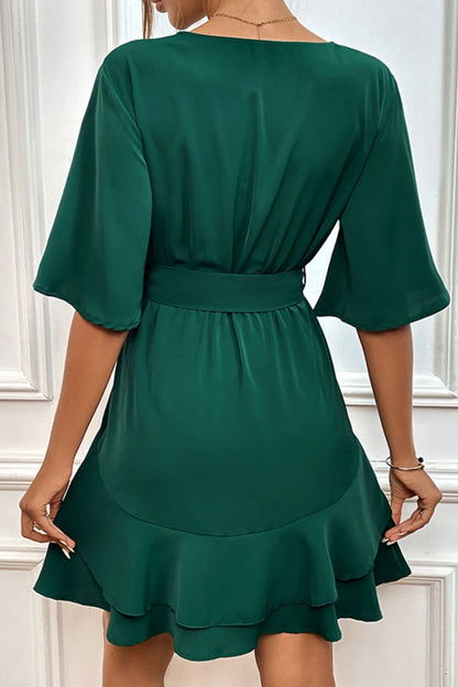 Tie Belt Surplice Neck Ruffled Dress Trendsi