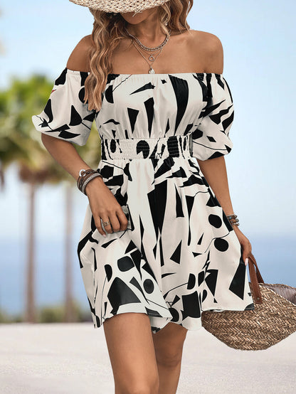 Printed Off-Shoulder Smocked Waist Dress Trendsi