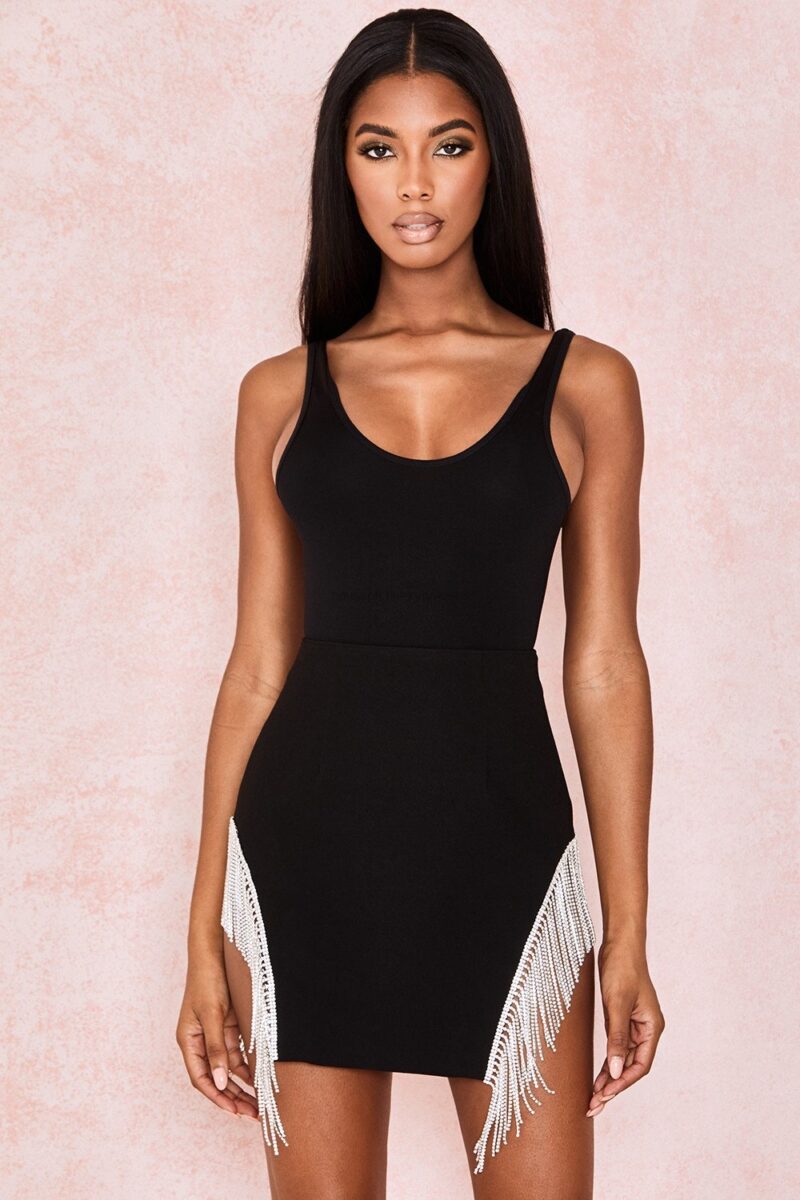 Fringe Diamond Stripe Black Dress aclosy