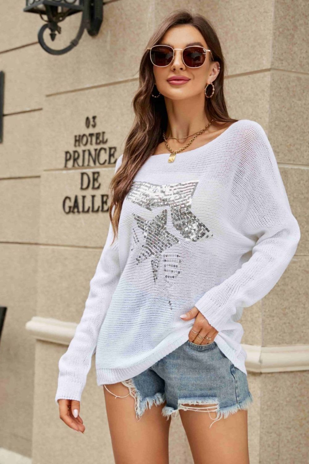Sequin Graphic Dolman Sleeve Knit Top Trendsi