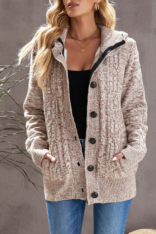 Cable-Knit Fleece Lining Button-Up Hooded Cardigan Trendsi