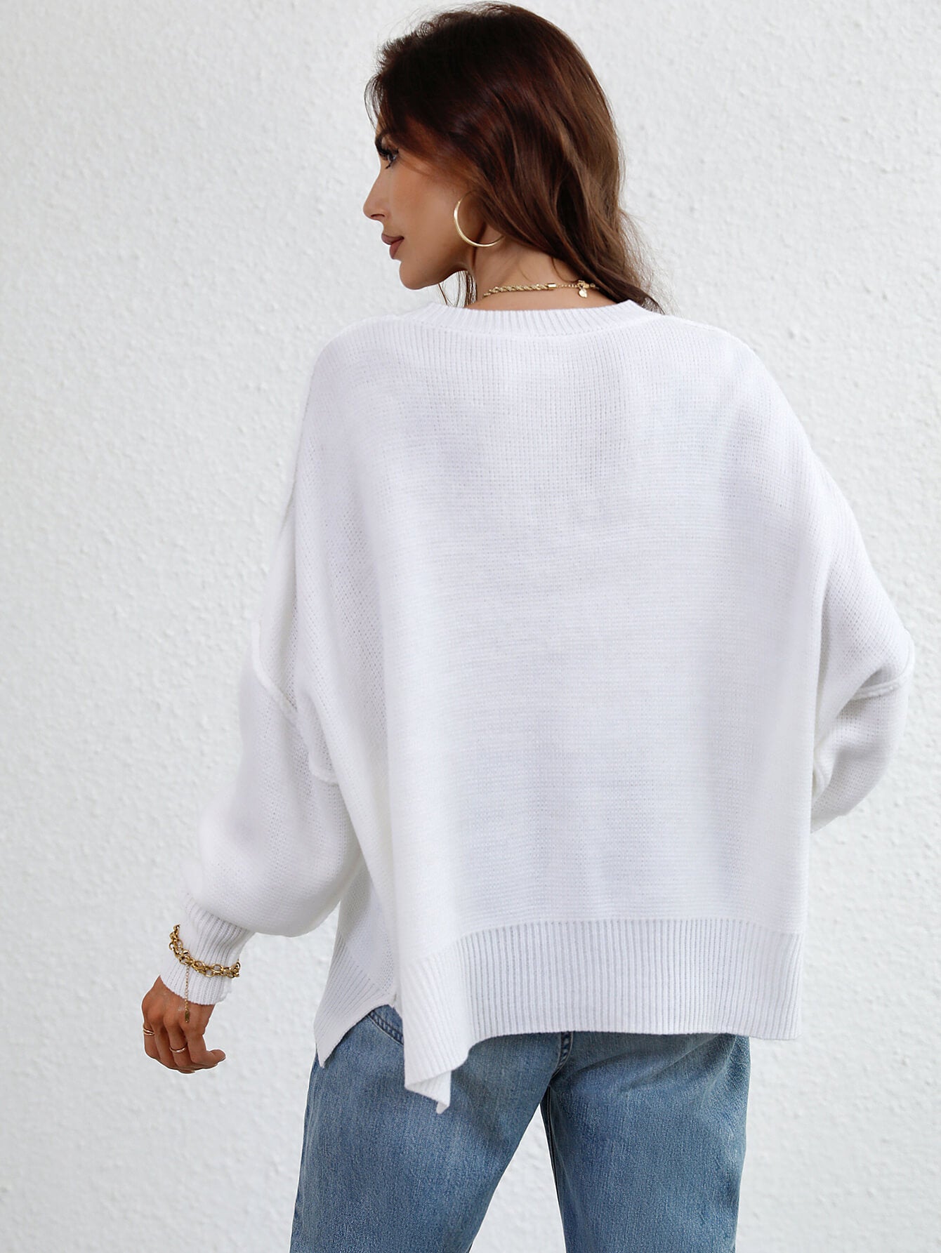 Exposed Seam Dropped Shoulder Slit Sweater Trendsi