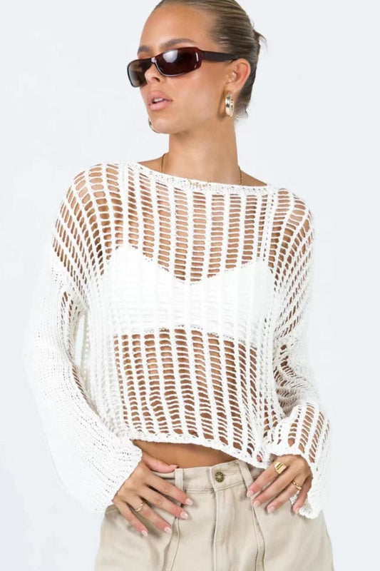 Openwork Boat Neck Long Sleeve Cover Up Trendsi