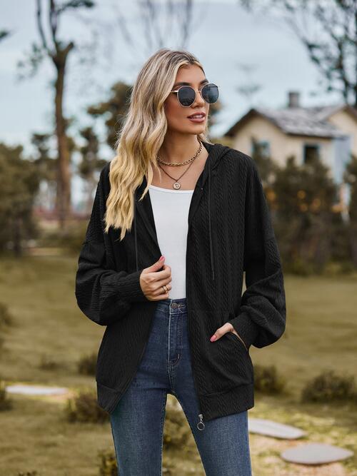 Zip Up Drawstring Long Sleeve Hooded Jacket Trendsi